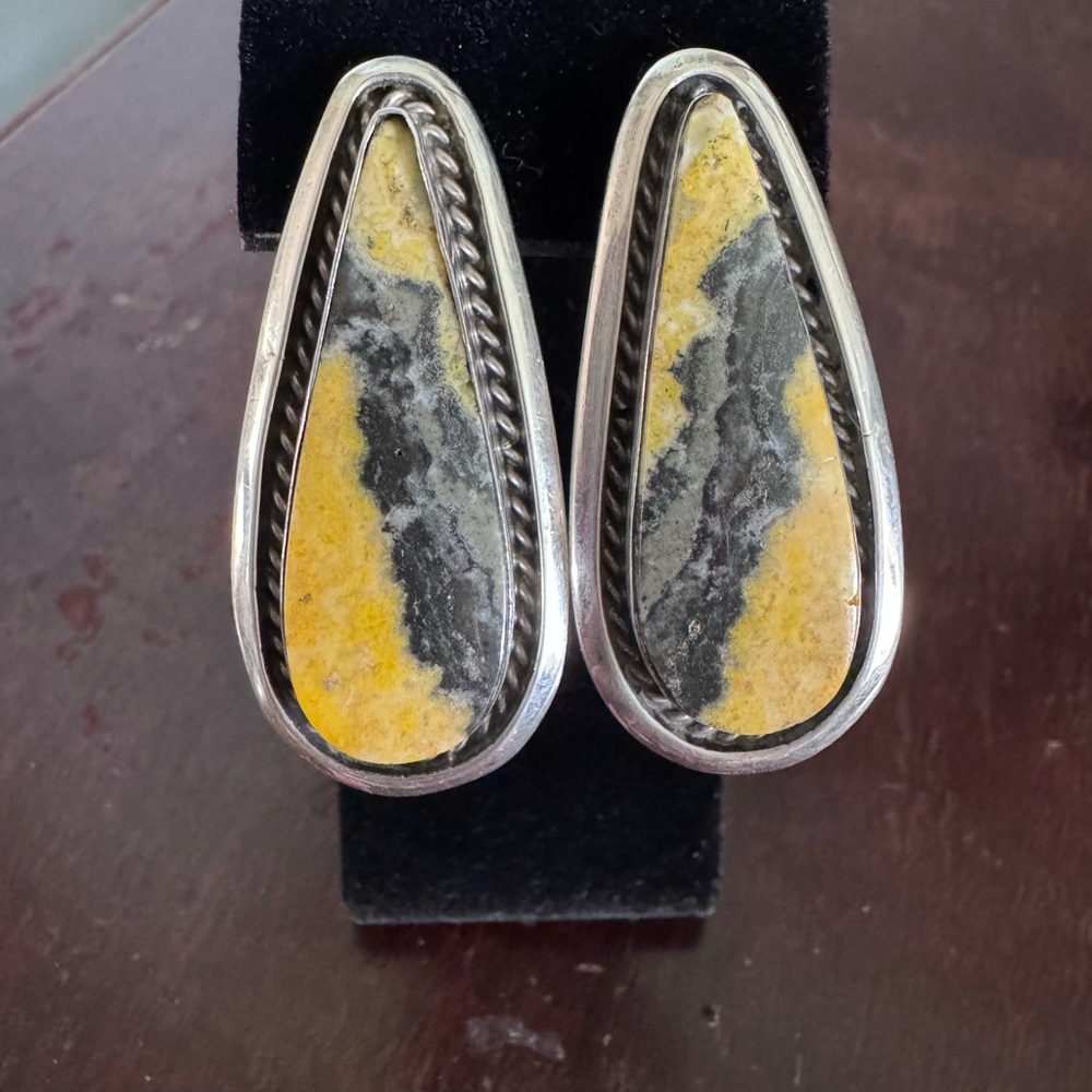 Big Sterling Silver Yellow Bumblebee Jasper Teardrop Earrings signed LK, Hopi